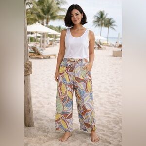 Coastal Wide Leg 100% Linen Natural Fabric Pants Beachy Boho Resort Chic | Large